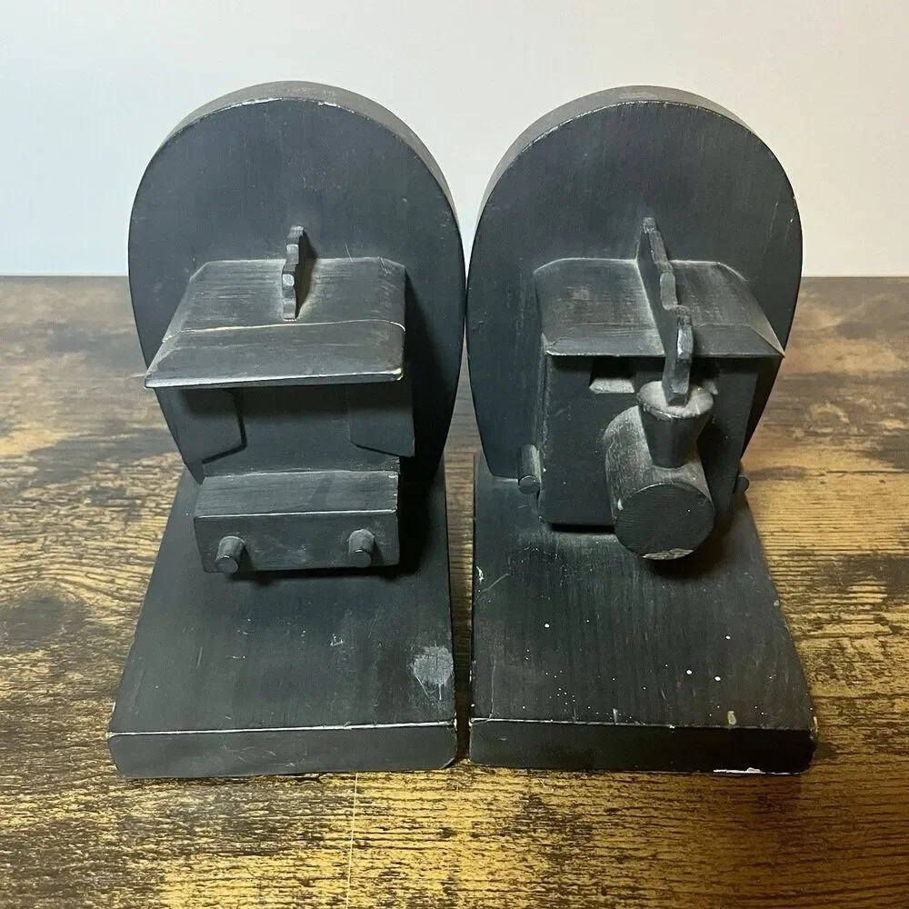 Vintage Black Wooden Train Bookends Set Locomotive Caboose Handcrafted